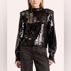 Express Sequin Mock Neck Padded Shoulder Top NWT L XL